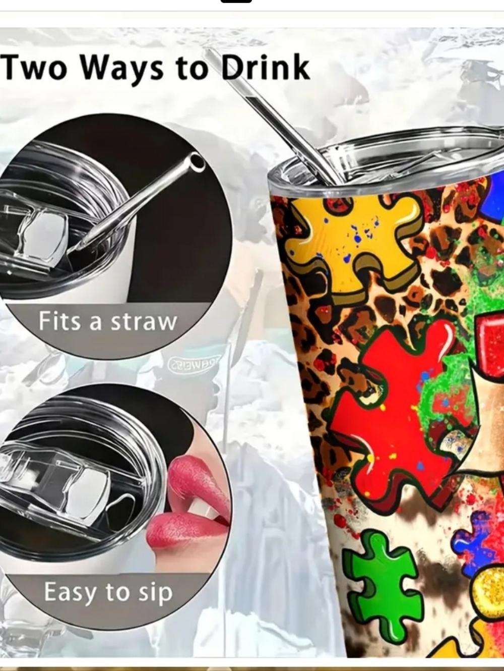 1 Autism Awareness Tumbler With Straw | Puzzle Piece Insulated Cup 20 oz NEW - Picture 4 of 4
